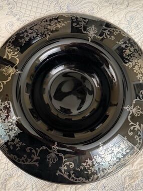 Vintage Cambridge Black Amethyst Glass Console Bowl Silver Overlay Pristine